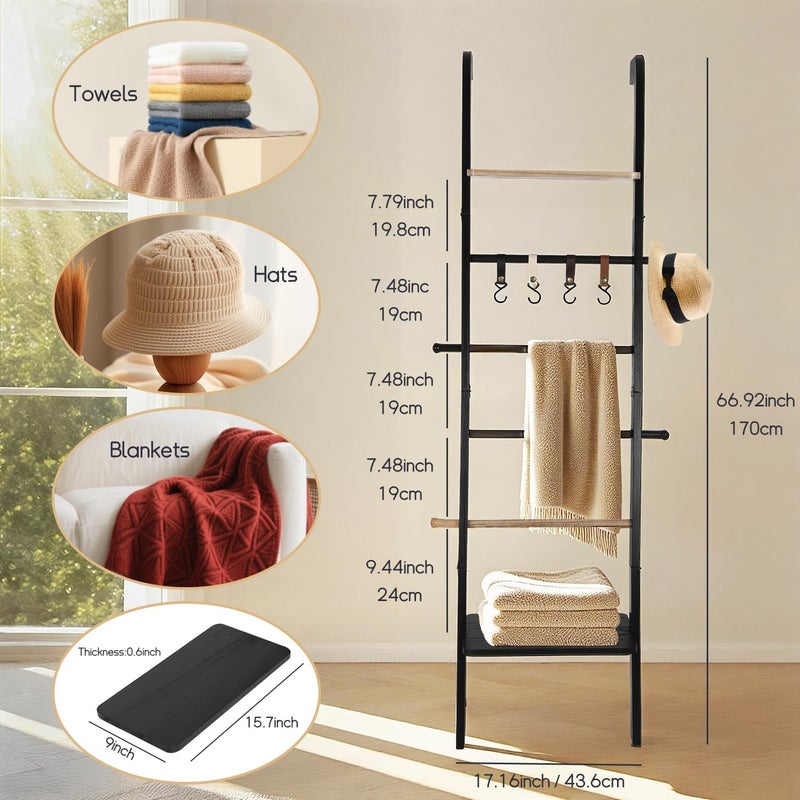 Fuairmee Wooden Ladder with Shelf for Decor, 6-Tier Decor Ladder with Non-Slip Mat & Hooks, Farmhouse Style Leaning Wall Display Holder, Black - Image 2